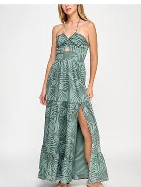 Trixxi Los Angeles Green Halter Maxi Dress Leaf Print Boho Flowy Size XXS Summer
